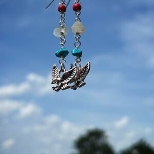 Charming Silver Eagle Earrings with Red and Turquoise Beads